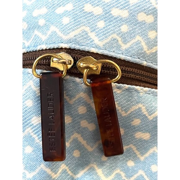 Vtg Estée Lauder Blue White Zigzag Cosmetic Travel Bag with Brown Trim - Picture 8 of 8